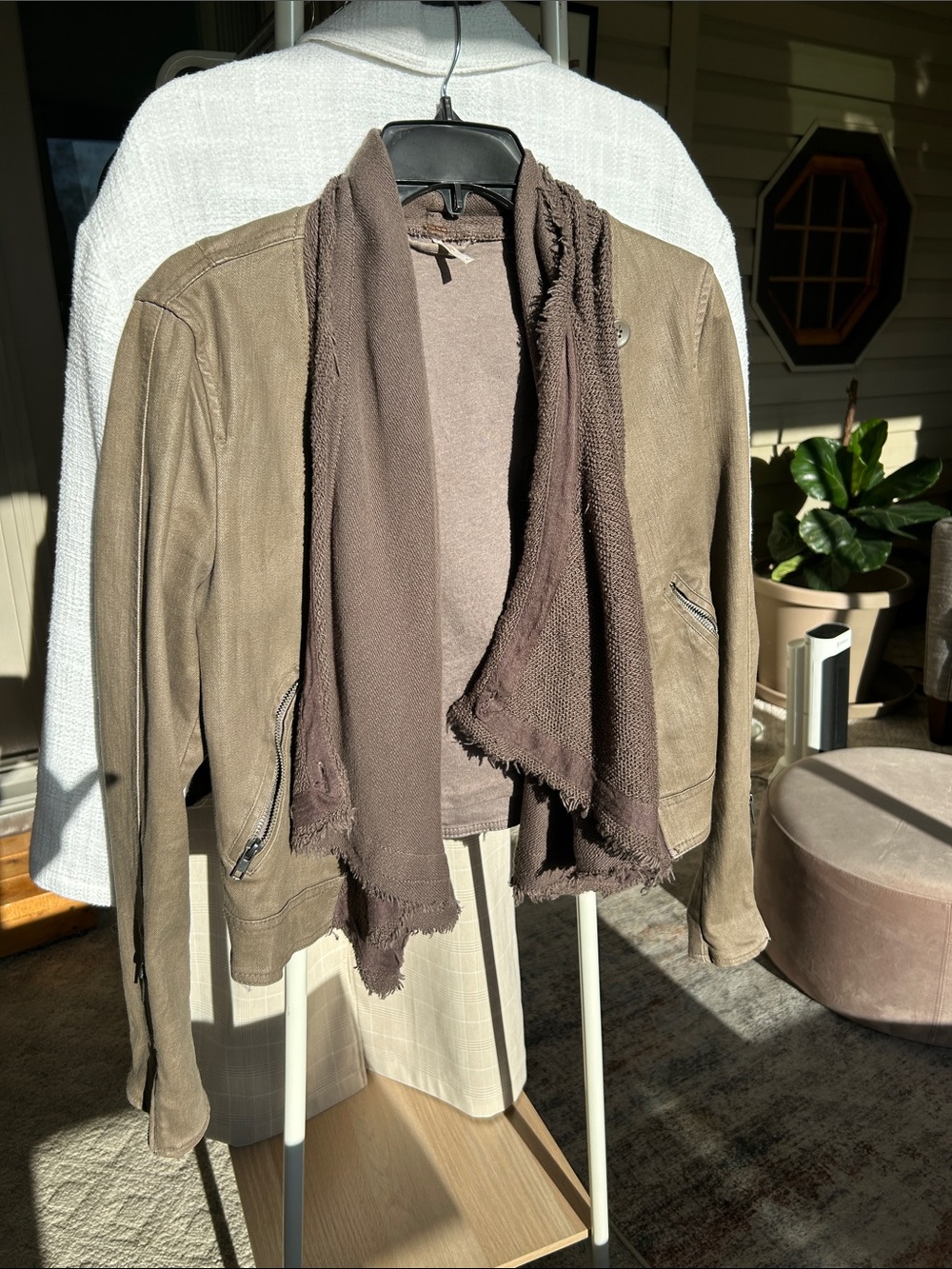 Free People Brown Suede Bomber Jacket with Scarf Drape Closure NWOT